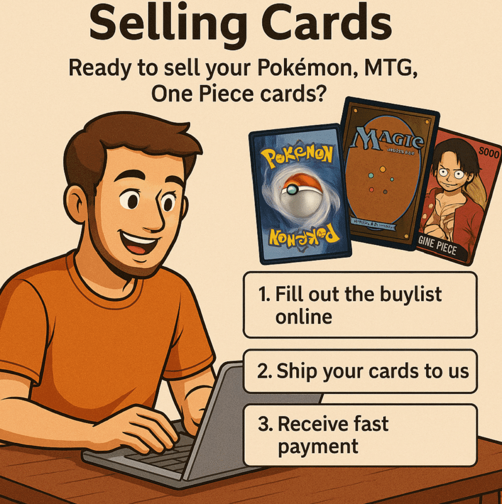 Illustration of a card seller using L’Univers de la Carte to sell his trading cards — a fast and easy way to sell your cards in Canada.