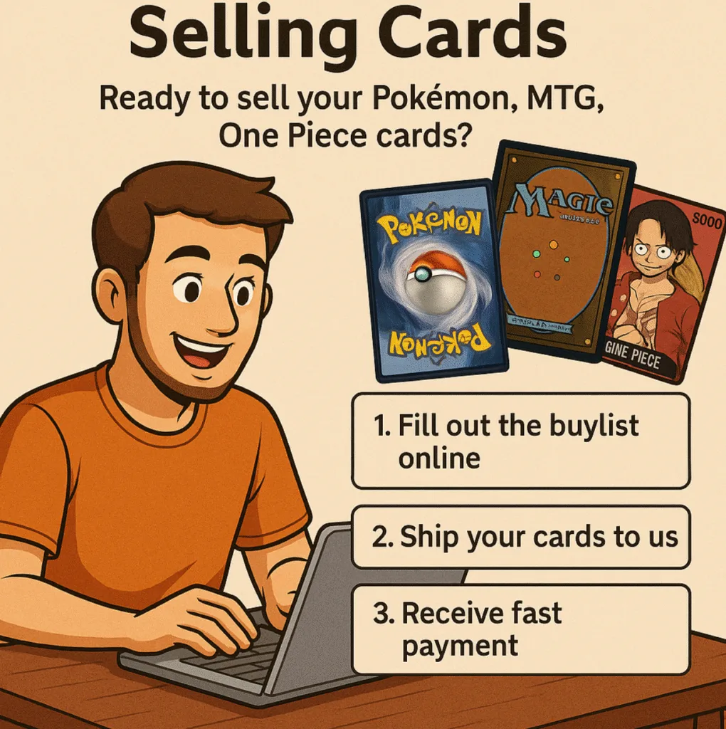 Illustration of a card seller using L’Univers de la Carte to sell his trading cards — a fast and easy way to sell your cards in Canada.