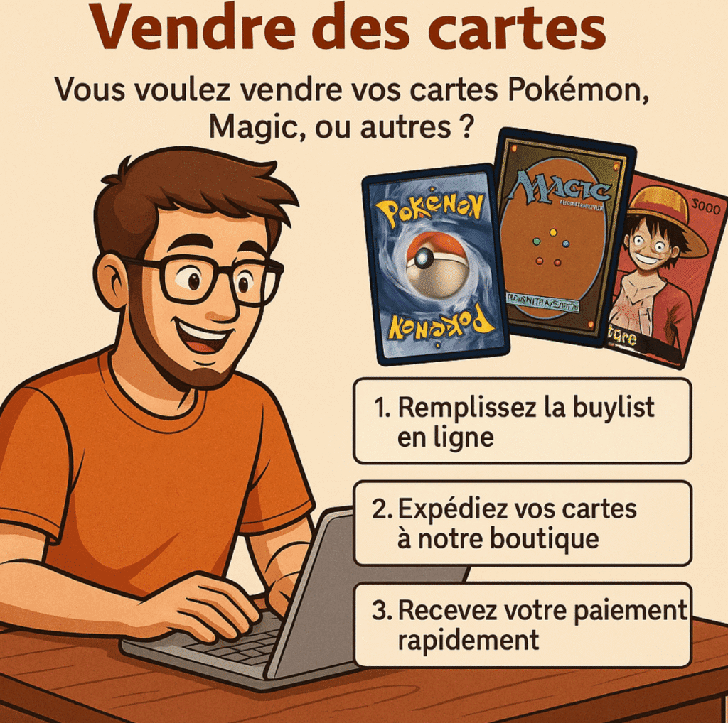 Illustration d’un collectionneur qui utilise L’Univers de la Carte pour vendre ses cartes à collectionner – une solution simple pour vendre vos cartes en ligne partout au Canada.